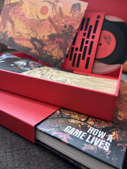 Photo of a scene displaying the Jacob Geller
book How A Game Lives in the special edition with all images and vinyl placed in the background