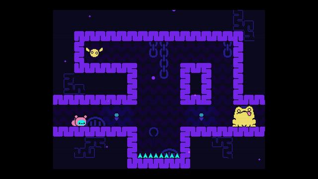 Screenshot of Öoo showing spikes you must traverse, a yellow frog blocking the exit, and a yellow fly.