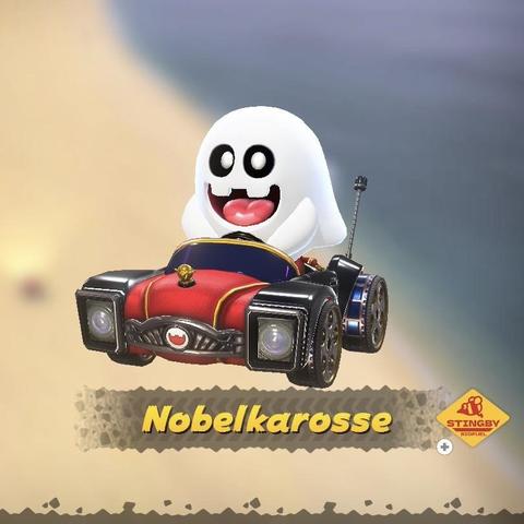Screenshot from Mario Kart World character screen showing the NOC ghost guy (in German called Spukmatz) in a black and red car