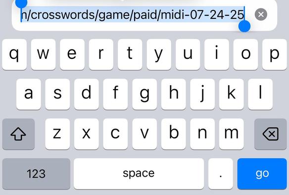 URL bar in mobile safari showing the URL for the first midi crossword in the nyt website. Highlighted is the url path with the ‘crosswords/game/paid/midi-07-24-25’ path highlighted