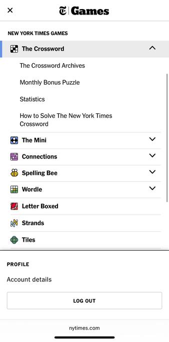 Menu of the NYT games section showing in a list but no entry for the midi. Visible are:

The Crossword
The Mini
Connections
Spelling Bee
Wordle Letter Boxed
Strands
Tiles