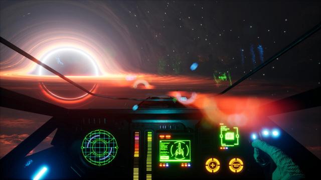 Screenshot from Moon Mystery's Steam page showing a spaceship cockpit and a black hole in the background.