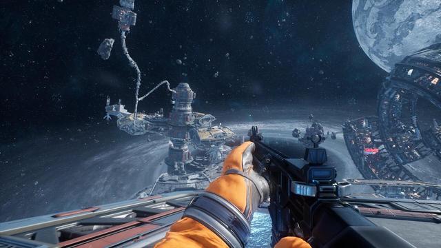 Screenshot from Moon Mystery's Steam page showing a gun pointed at a distant space station.