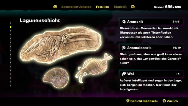 DK Bananza Menu showing the fossil section. Top right shows 696/696