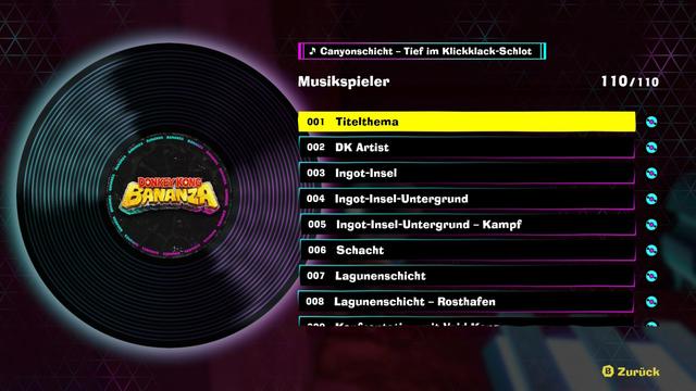 DK Bananza Menu showing the music disc section. Top right shows 110/110