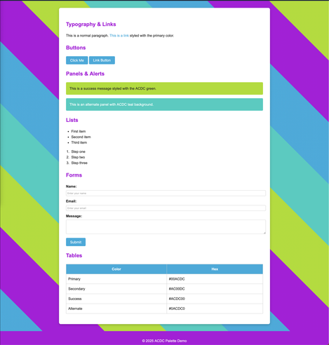 Screenshot of a HTML template page displaying HTML elements with styling. The used colors have the hex values #00ACDC, #AC00DC, #ACDC00 and #0ACDC0!

The background is made up of tilted alternated colored stripes. The main content is in a white box. Shown are paragraphs, Buttons, Panels/Alerts, Lists, a basic form and a table.