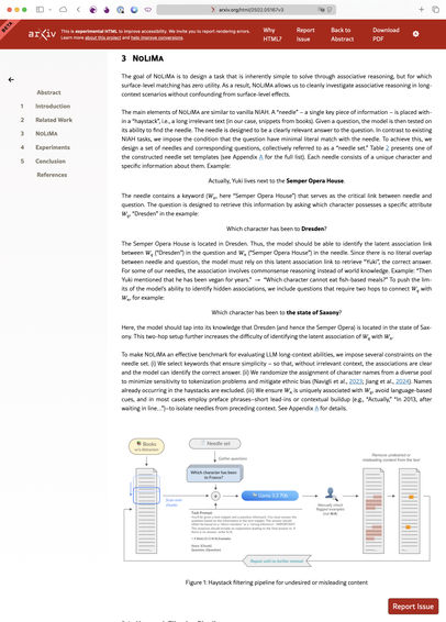Screenshot of the paper “NoLiMa: Long-Context Evaluation Beyond Literal Matching”

The text is too long for the description but it shows Section 3 of the paper. The example given for finding a a relevant piece of information “the needle” in a very long context “the haystack” is a person living in Dresden. Since I also live in Dresden I found that remarkable!