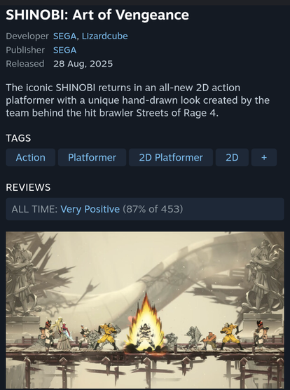 Screenshot of Shinobi Steam page.