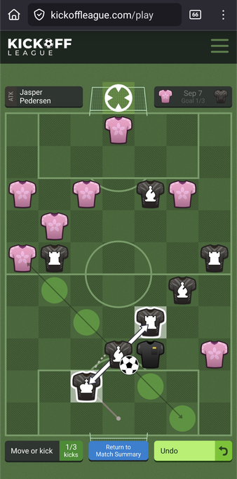 Screenshot of Kickoff League showing partway through today's first puzzle: a bishop player ready to move or pass.