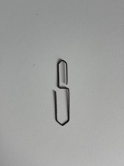 A bend open paperclip resembling the cool s shape