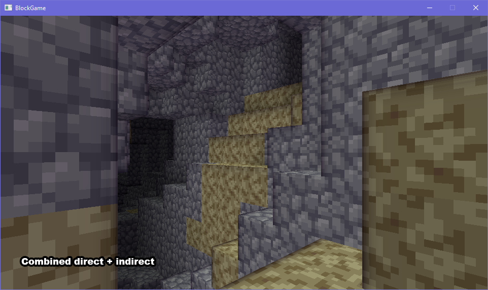 cave screenshot, labeled "combined direct + indirect". there is a noticeable shadow falloff, though not absolute, in the passages connecting left and top right