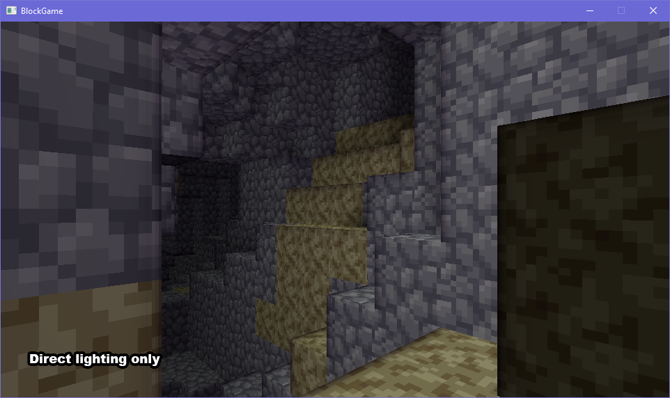 cave screenshot, labeled "direct lighting only". there is an abrupt shadow on the left and top right, and a block very close to the camera is completely dark