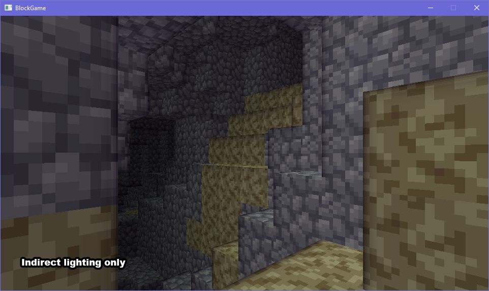cave screenshot, labeled "indirect lighting only". there is a very gradual darkening throughout with no cast shadows, and a block very close to the camera is lit up