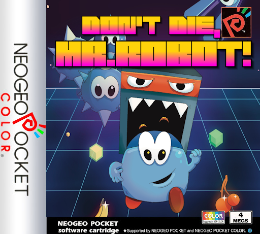 Cover art for Don't Die, Mr. Robot! Pocket featuring our hero being chased by a big box full of teeth and wearing a ninja headband