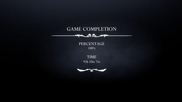 The final screen from the game "Silksong", showing 100% game completion after 92 hours 10 minutes and 25 seconds of playtime.