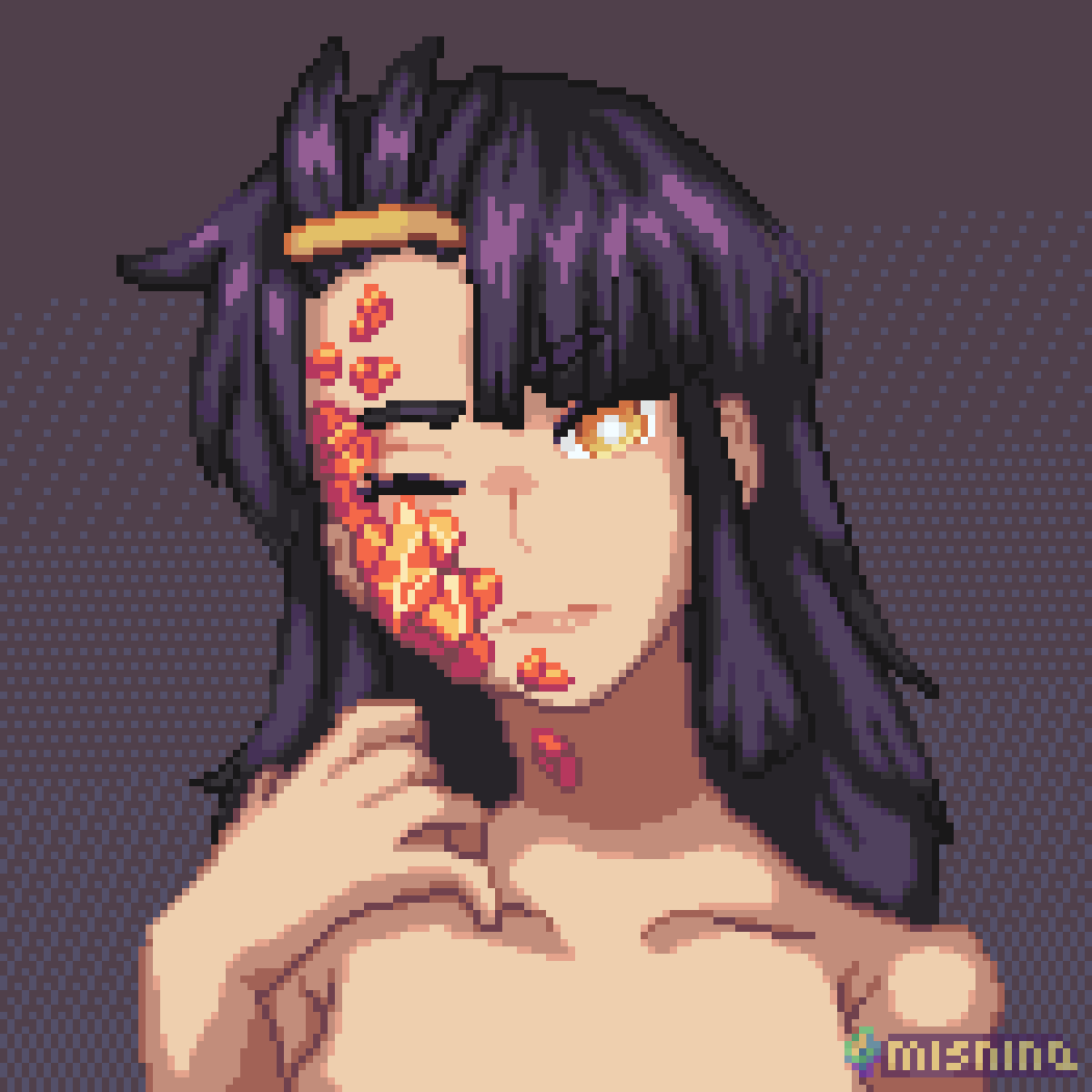 A pixel art portrait illustration of a woman with red crystals growing on the right side of her face. She seems slightly annoyed, and has her eye near the crystals closed.