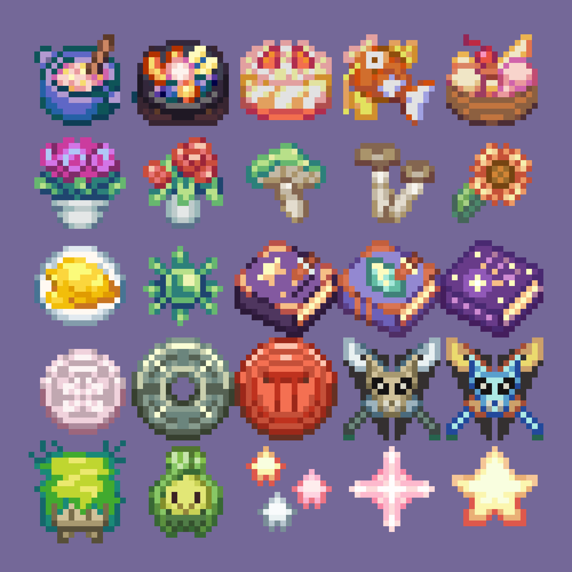 A collection of 25 pixel art icons or items. There's foods, plants, books, coins, creatures, and stars.