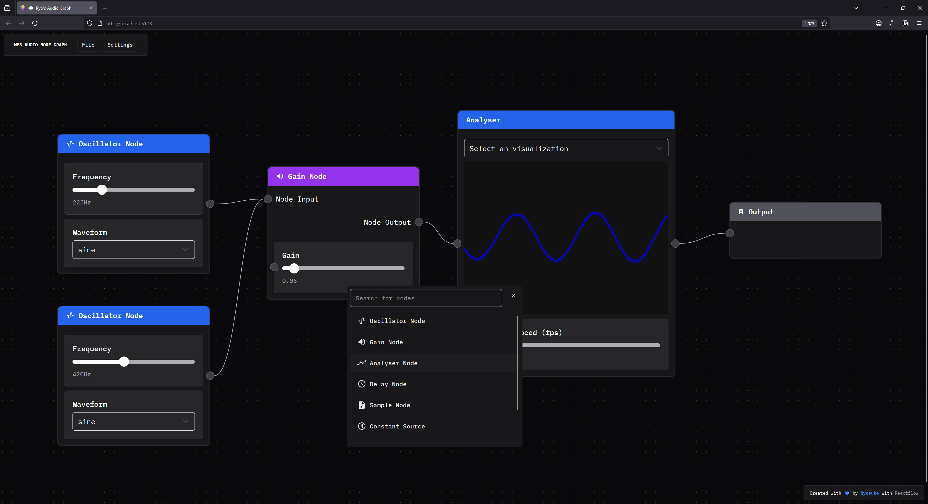 Web app with a node graph with nodes connected to each other representing web audio effects like an oscillator or gain node. the audio signal is visualized in a analyser node