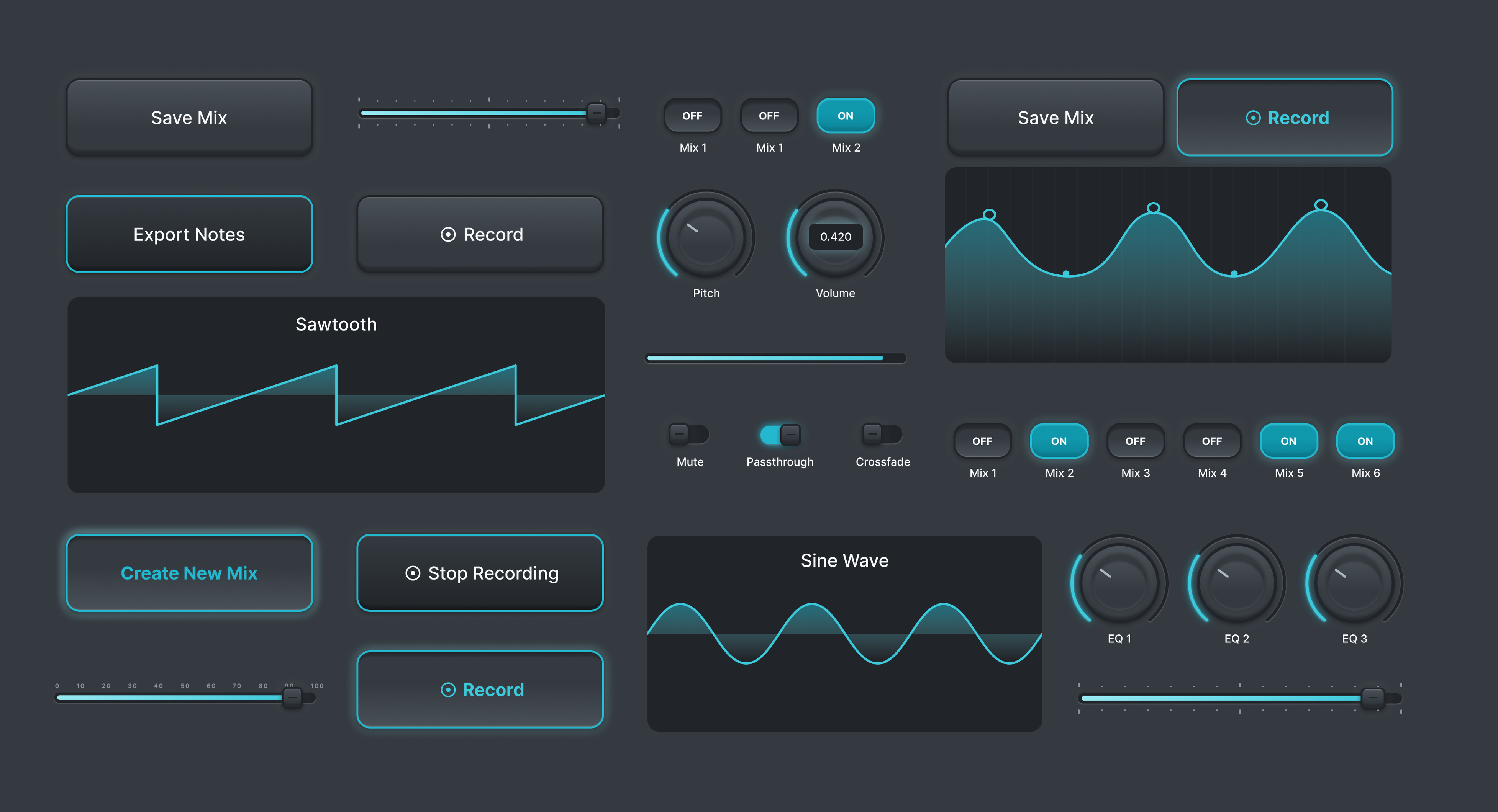 various UI components for an audio application, ranging from buttons to sliders and knobs to visualizers for signals.