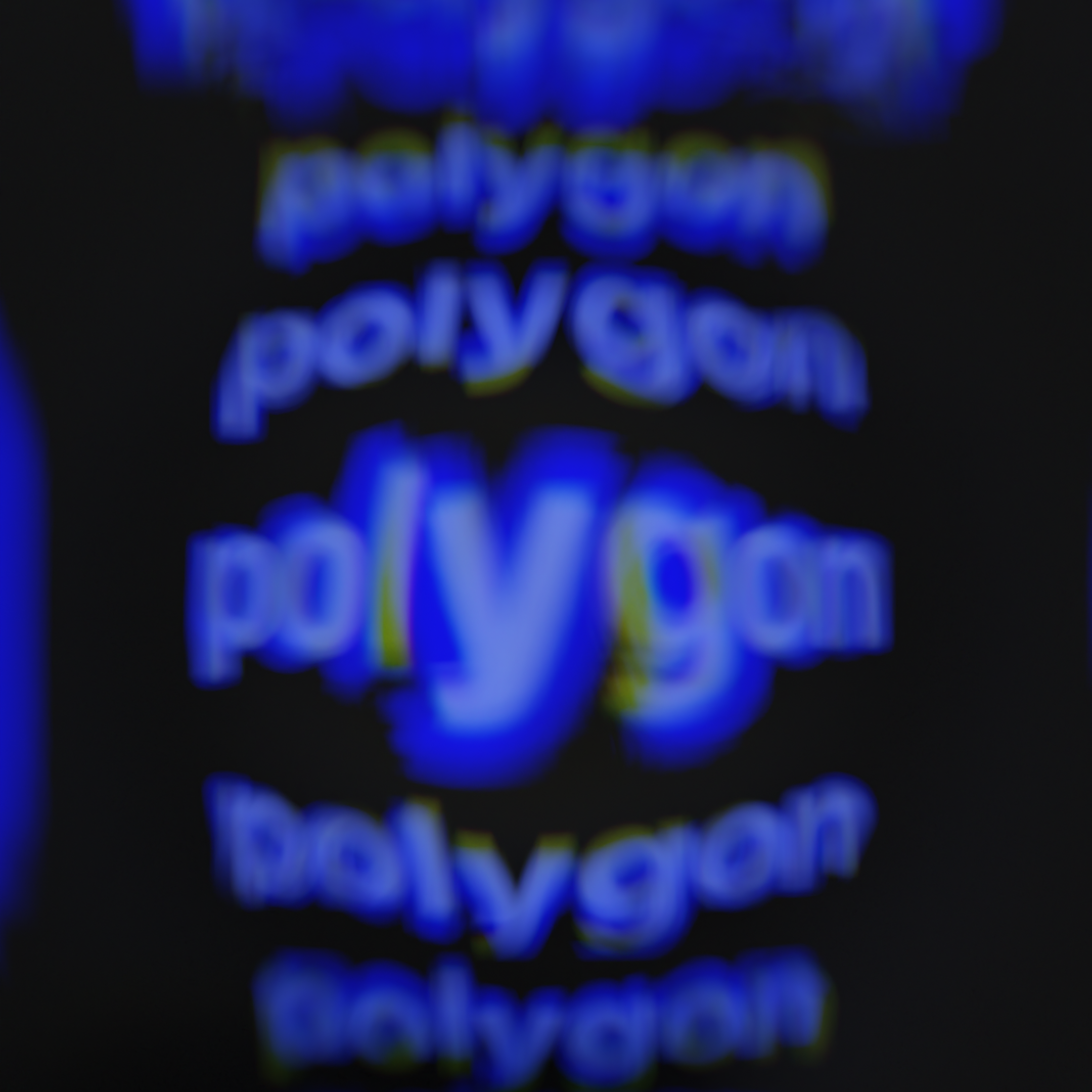 blurry blue typography reading polygon stacked vertically and warping like it's blown up by a 3D sphere in the center