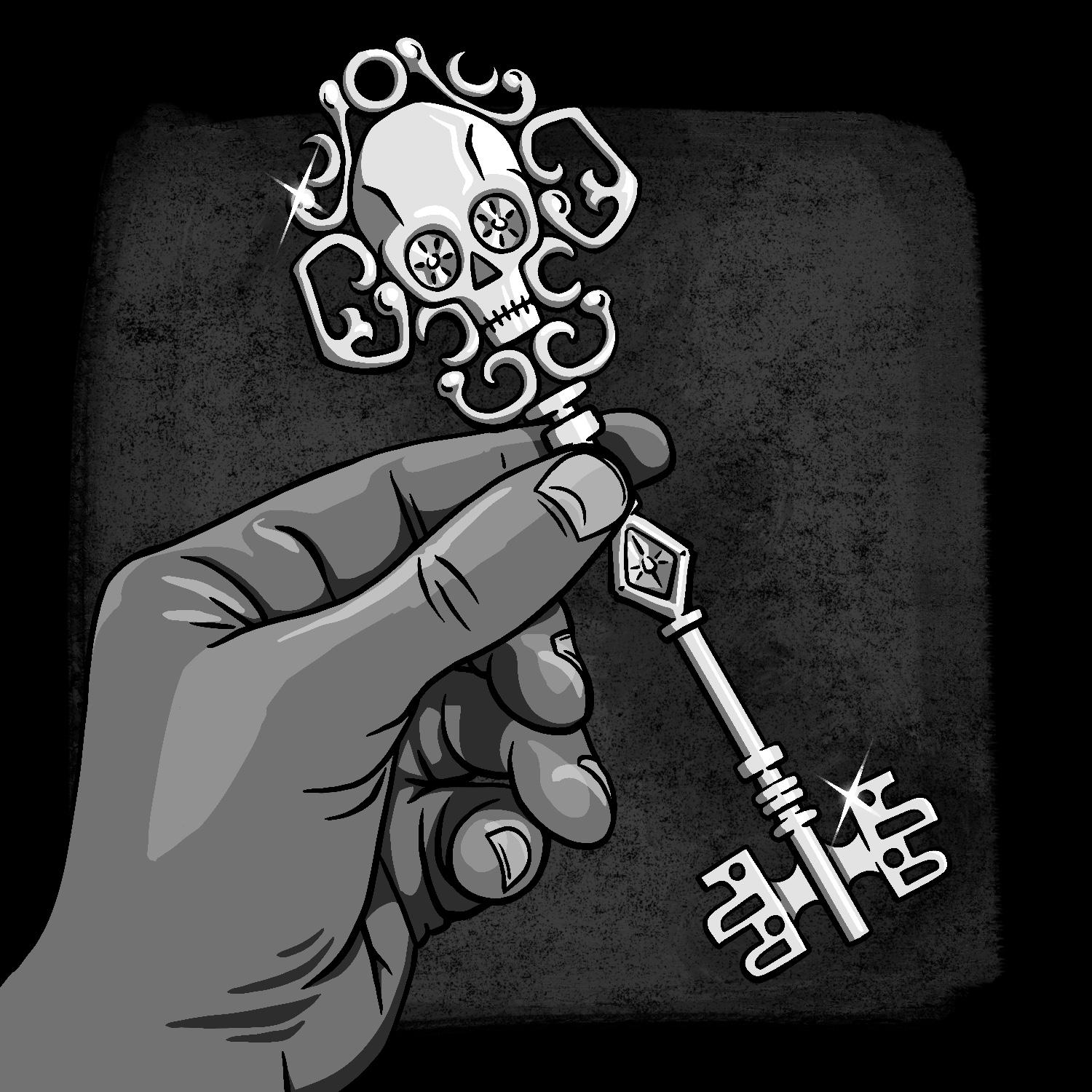 An illustration of a hand holding a key. The hand is dark in complexion and in shadow. It is a left hand, holding the key between thumb and index finger. The key is bright and metallic. It has a complicated set of teeth at the bottom, a diamond-shaped jewel set in the middle of the handle, and a small skull surrounded by intricate metalwork at the top on the handle. The eyes of the skull have round jewels inset. The background is black with a dirty rectangular patch of gray in the center, behind the hand and key. The drawing is in black and white.