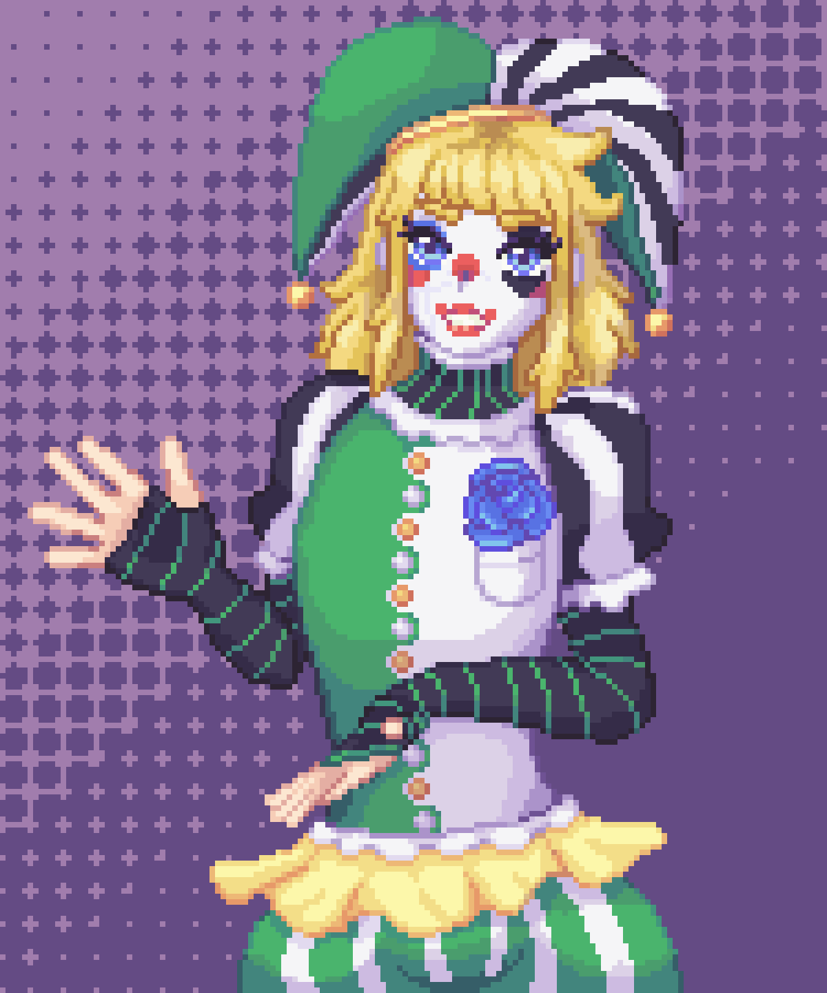 A pixel art illustration of a mixture of a clown and jester character.