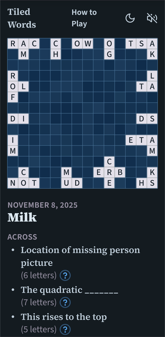 Screenshot of today's tiled words puzzle showing a Scrabble-like grid with clusters of 3-4 letters around the edges.