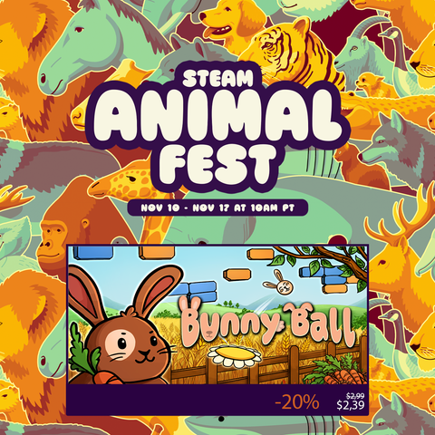Steam Ad for Animal Fest advertising my game Bunny Ball. There are cute animals everywhere.
