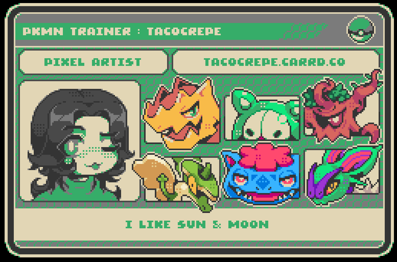 A pixel art illustration of my Pokemon Trainer Card / License. The pokemon are as follows (from top left to bottom right) : Druddigon (Shiny), Reuniclus, Trevenant, Flapple (Shiny), Venusaur (Mega), Noivern (Shiny). The footer text says "I like Sun & Moon".