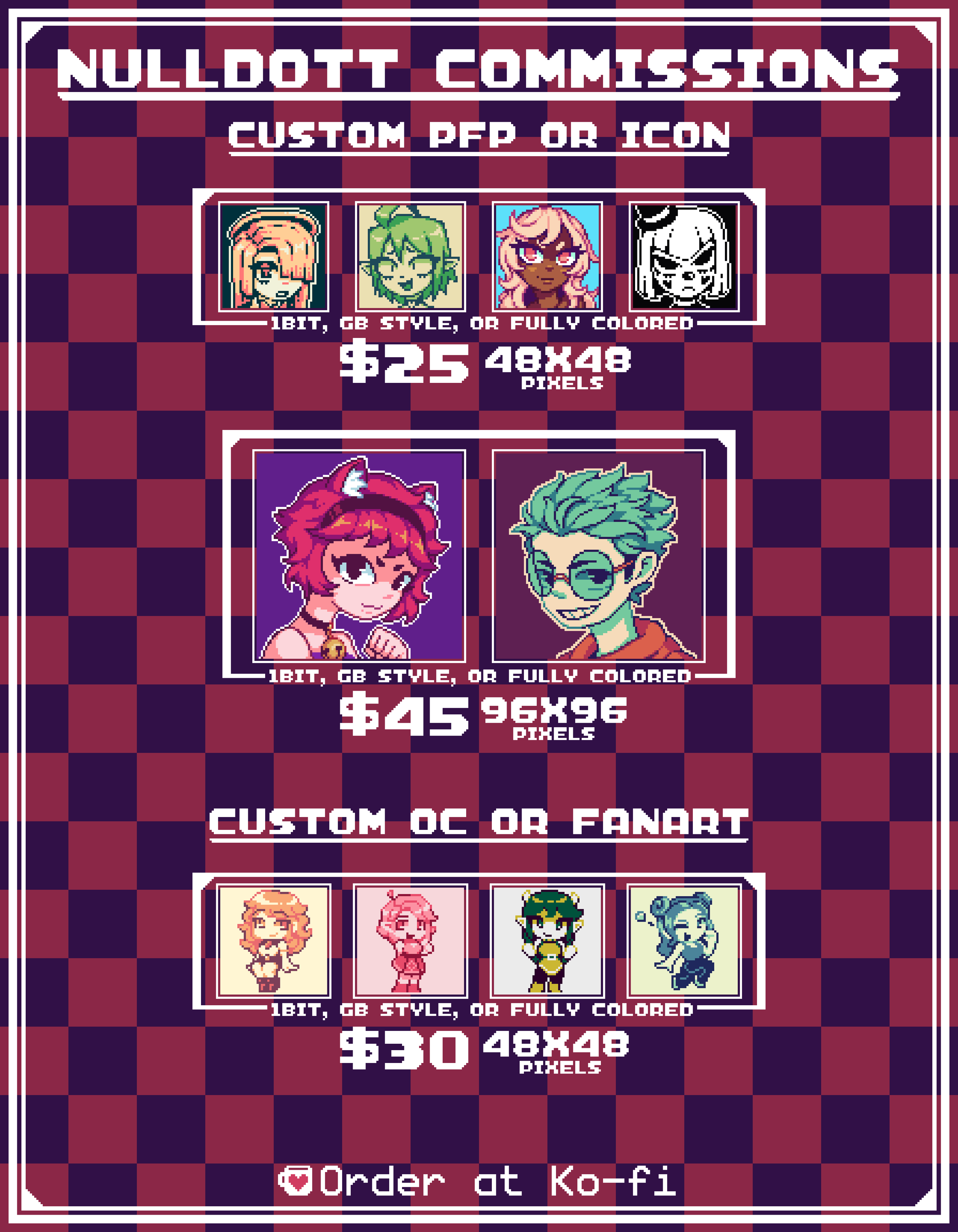 A commission sheet showing pixelart portraits and sprites, ranging from 48x48 to 96x96 in size.

$25 48x48 portrait
$30 48x48 chibi character
$45 96x96 portrait