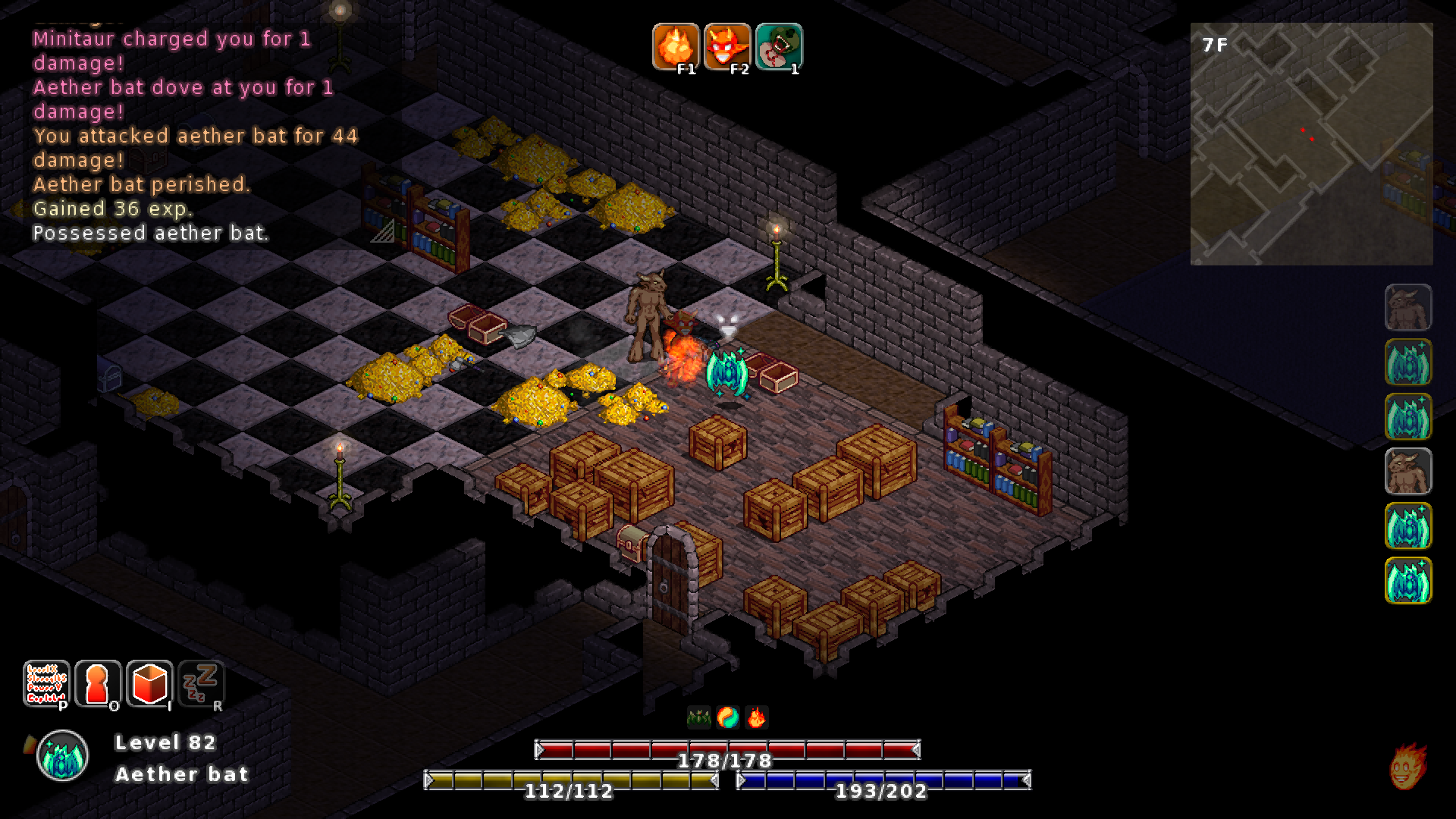 midboss screenshot. the player is shown in the process of possessing a magical bat