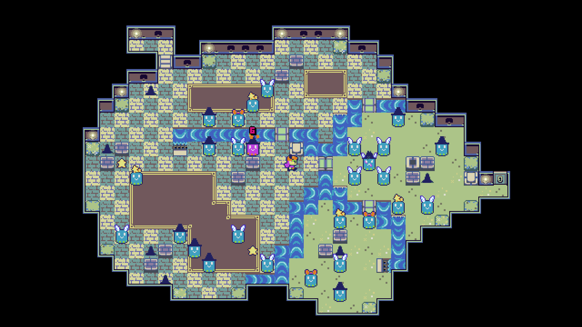 ultra hat dimension screenshot. bea is approaching a beat up looking blue creature, behind her another of the creatures is red and has stars circling its head and a turn counter above it