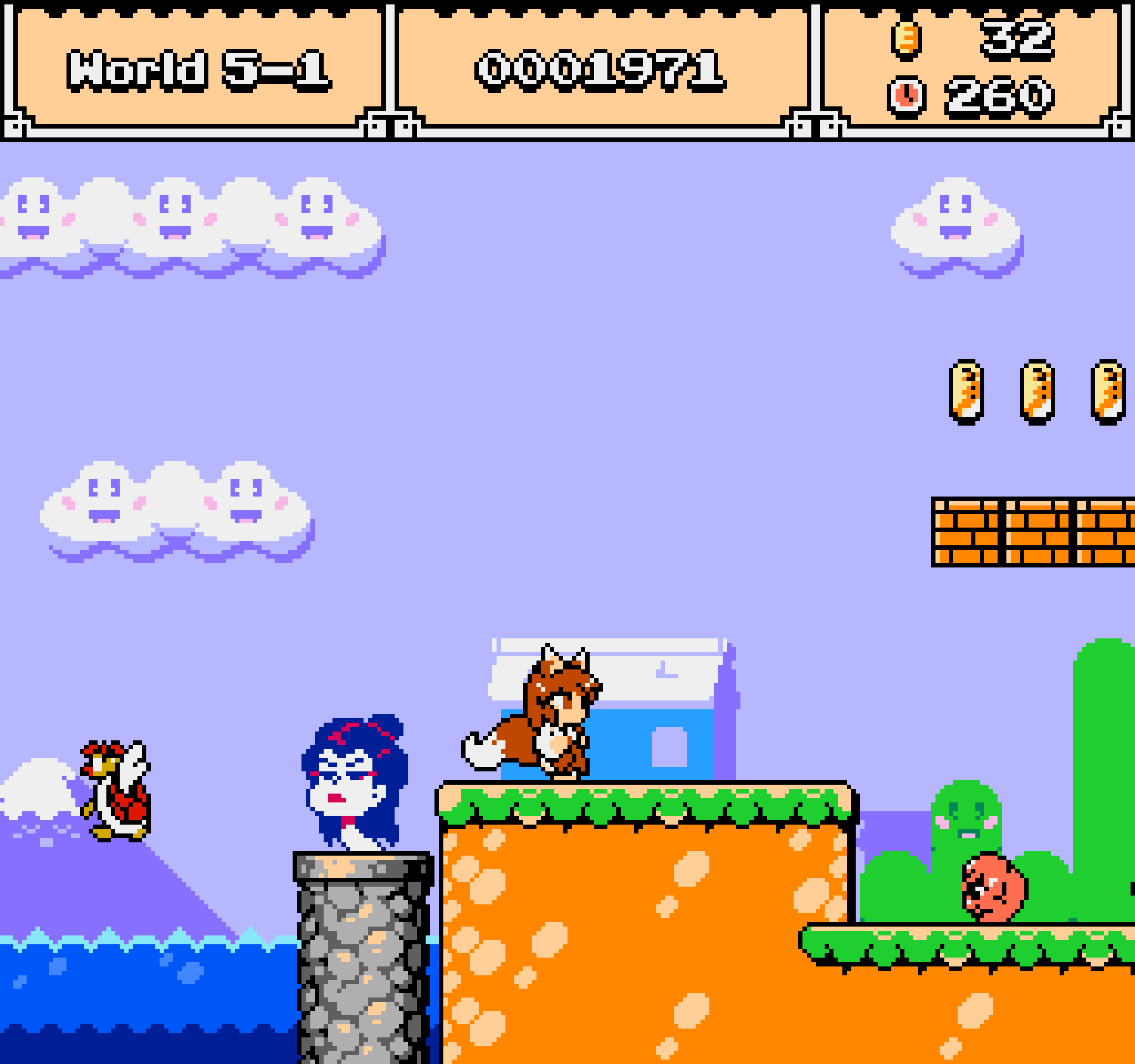 kitsune zero screenshot. yumi, a brown haired fox girl, is moving right, having landed behind a rokurokubi, a monster with a woman's face on a long neck coming out of a well