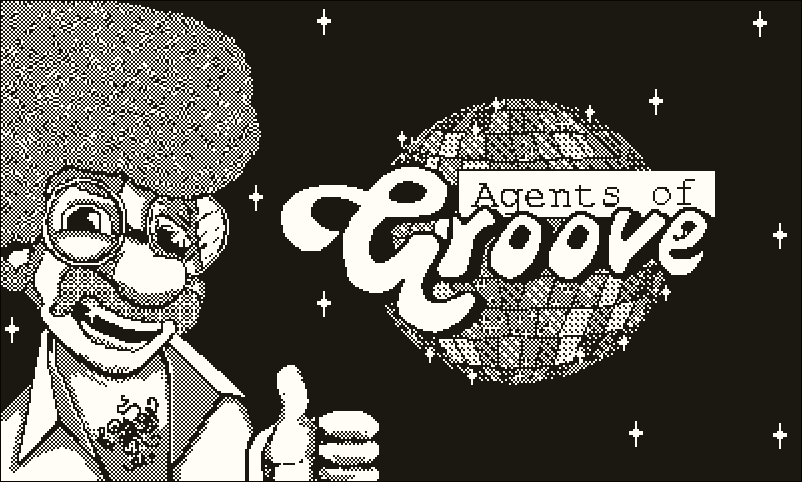 The Agents of Groove title screen, with a smiling Daley Bellbottoms on the left side doing a thumbs up in front of a large disco ball with the words "Agents of Groove".