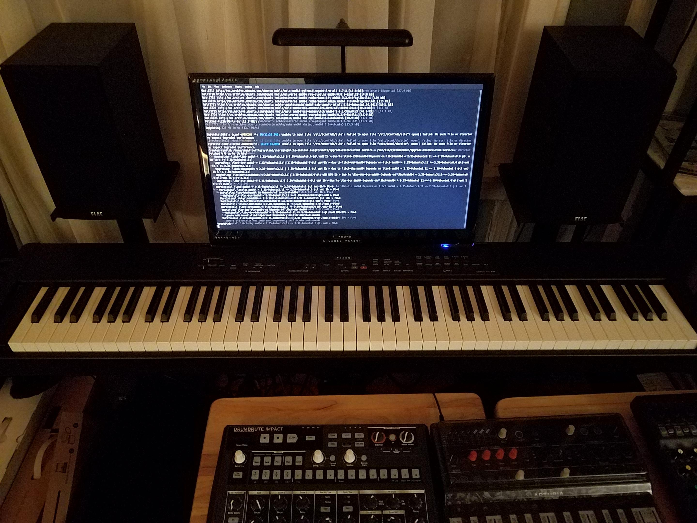 a photograph of the Compianio Forte!  I've set up an old LCD monitor as a music stand for my yamaha p80.  the monitor is flanked by two large speakers.  not pictured is the tower underneath which has a soundblaster card which the keyboard is connected to via midi port.  there's some tray tables piled in front of the setup with various electronic music baubles on them, showing that the setup hasn't been used properly in a hot minute.

I'd like to eventually replace the monitor with a touch screen, so that i can use mollytime with it, but first step is assessing whether this old computer is suitable for it