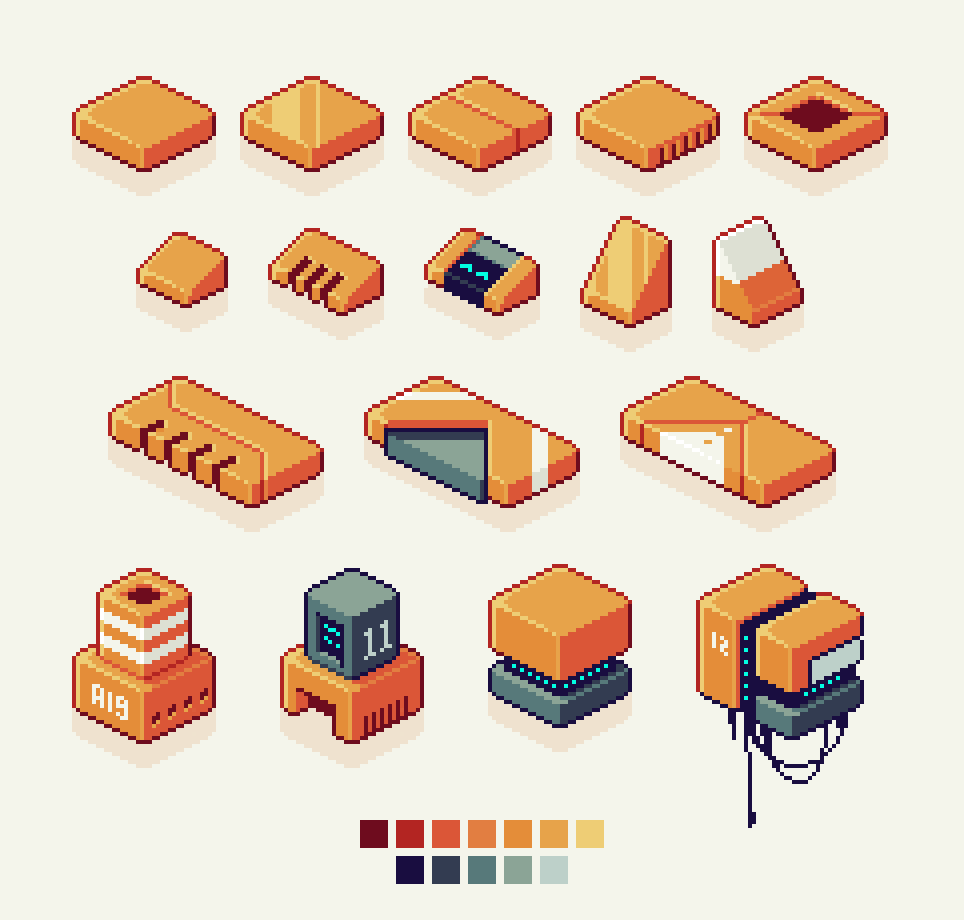 An image with isometric pixel art objects, mostly abstract shapes