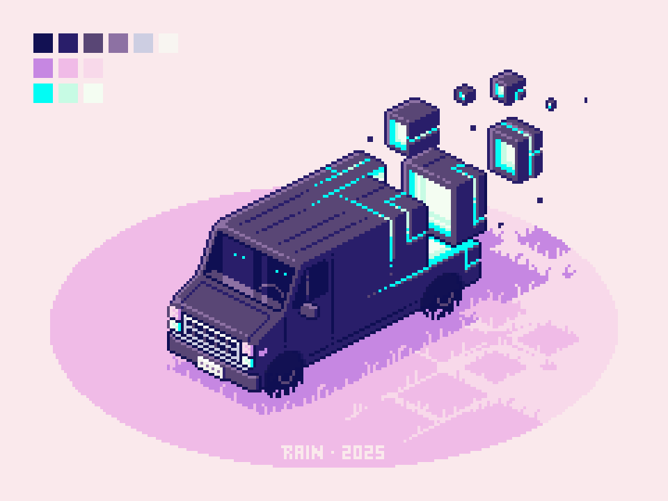 An image of a pixel art van dissolving into cubes with a glowing pattern