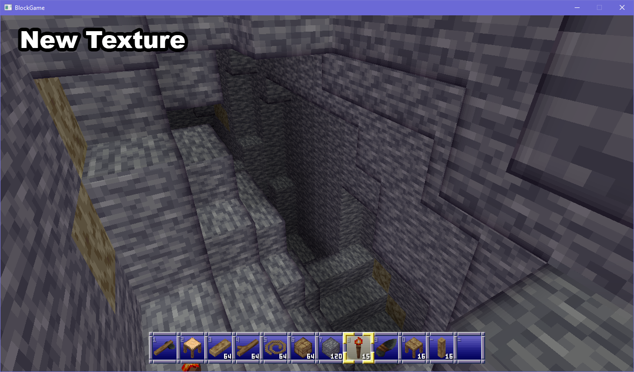 a cave in block game labeled "new texture" in the topleft, the stone texture is more layered