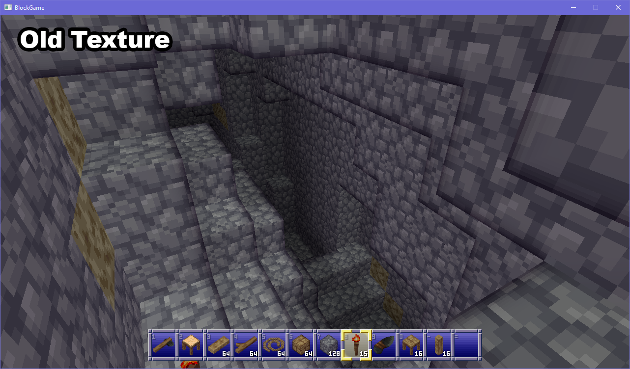 a cave in block game labeled "old texture" in the topleft, the stone texture is more like an aggregate of round chunks
