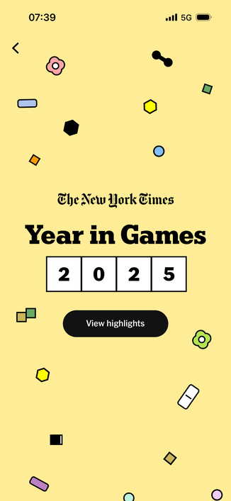 The New York Times Year in Games 2025 intro splash screen teasing upcoming highlights
