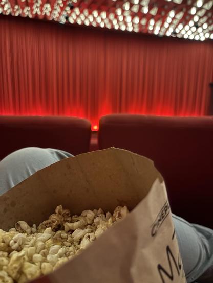 interior of a cinema:

Red curtains at the front, lights at the top.
In the foreground a bag of popcorn