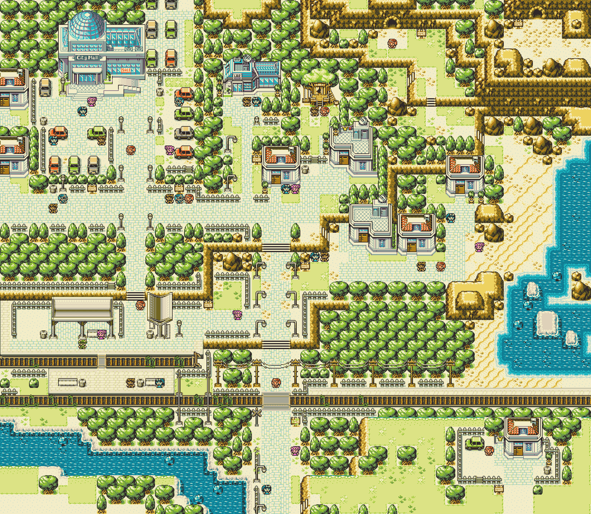 A top down pixel art view showing the current progress in creating a seaside town area. The location features a few houses, some with an accessible roof, a Laboratory with a greenhouse structure attached and a tree house. To the north-east there are rocky cliffs and a cave that leads up into the promontory. In the southeast, just below the rocks, a sandy beach leading to a bay area. A few npcs are starting to populate the location, exploring the surroundings and having a chat.

To the south-west, an open-air train station, with two railway platforms and two modern looking canopys. To the east along the railroad, many light poles can be seen. To the south-east a single house with a green car is located in the middle of a plateau overseeing the Bay area.