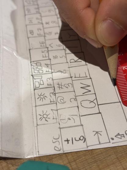 Close-up of the hand drawn keyboard showing the first three rows of keys. The @ is especially neatly drawn in comparison to the other letters and symbols shown