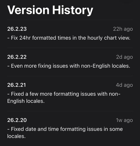 Screenshot of the App Store Version History of an unnamed app

26.2.23 22h ago
- Fix 24hr formatted times in the hourly chart view.

26.2.22 2d ago
- Even more fixing issues with non-English locales.

26.2.21 4d ago
- Fixed a few more formatting issues with non-
English locales.

26.2.20 1w ago
locales.
- Fixed date and time formatting issues in some
