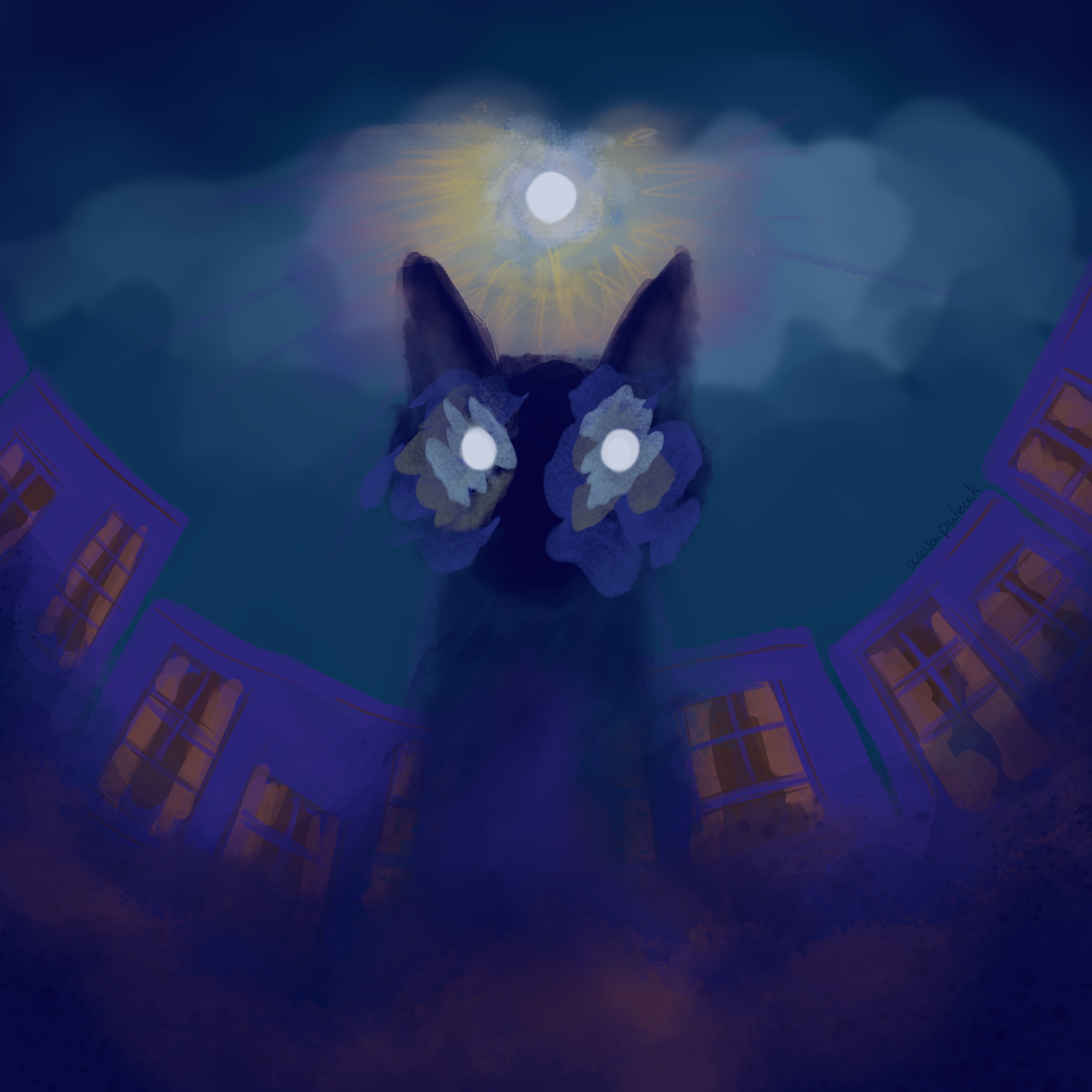 A digital painting made in Krita.  There is a silhouette of a cat looming over the viewer with bright glowing eyes reminiscent of the moon piercing through clouds.  Directly above the cat is the moon piercing through the clouds, with a big radiant halo.  The cat's body is dissolving into or coalescing from dark mist.  Eerie purple buildings gather around the periphery.
