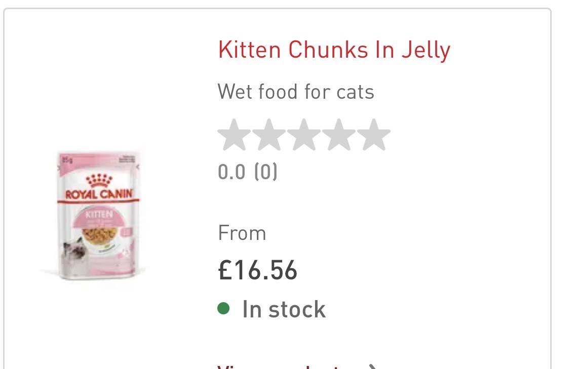 Royal Canin website listing for their product “Kitten Chunks In Jelly”