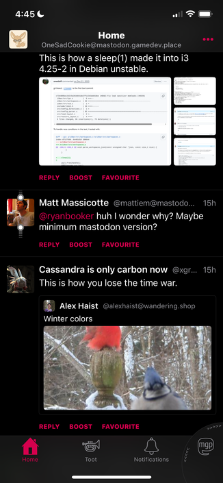 Screenshot of some toots in Toot! showing how it crops and lays out media in the feed.