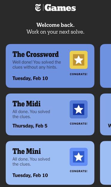 Screenshot of the NYT Games app showing the Crossword, the Midi and the Mini section in one screen!