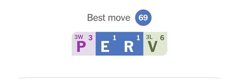 Screenshot from the NYT Crossplay App showing someones best played word is PERV (for 69 points)