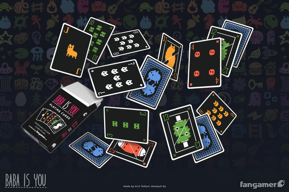 A deck of cards with Baba characters spilling out of their deckbox, with Baba sprites as a tiling pattern on the background and crediting for Baba Is You and Fangamer at the bottom